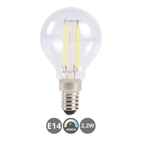 Bombilla LED esferica E14 2,2W 4000K transparente