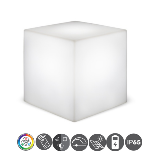 Cubo led CUBY RGB + 6000 kelvin solar y batería 40x40cm