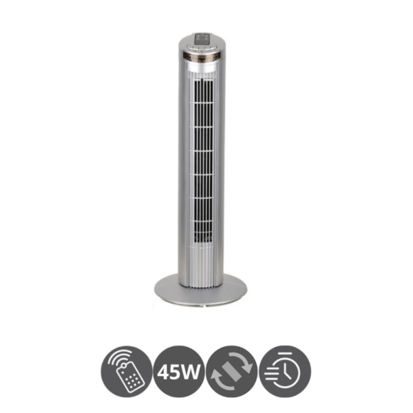 Ventilador de torre Orbigo 45W con mando a distancia plata
